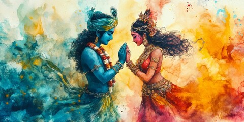Vibrant AI-Generated Krishna and Radha: Holi Festival Celebration in Watercolor. Colorful Hindu Mythology Art for T-Shirts, Posters, and UI Design. Elegant Minimalist Composition with Textured Gradien