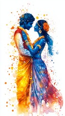 Fototapeta premium Vibrant AI-Generated Krishna and Radha: Holi Festival Celebration in Watercolor. Colorful Hindu Mythology Art for T-Shirts, Posters, and UI Design. Elegant Minimalist Composition with Textured Gradien