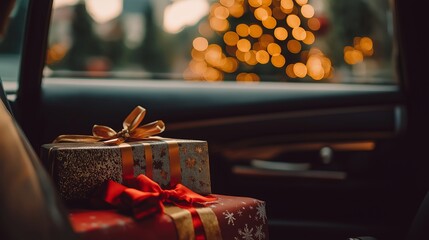 Festive Christmas gifts inside a car with a beautiful bokeh background of a Christmas tree, capturing the holiday spirit and joy of gift-giving.