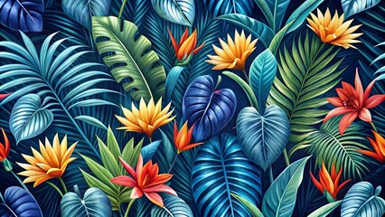 Exotic tropical background featuring Hawaiian plants and flowers in an indigo seamless pattern with monstera and sabal palm leaves, guzmania flowers