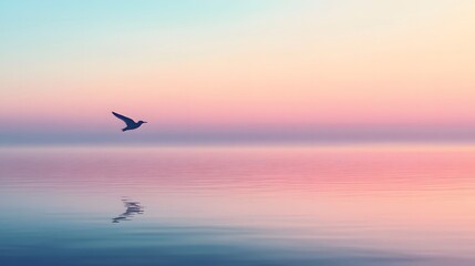 A single bird flying over a calm sea at dusk with a blue and pink sky, creating a peaceful and minimal scene.