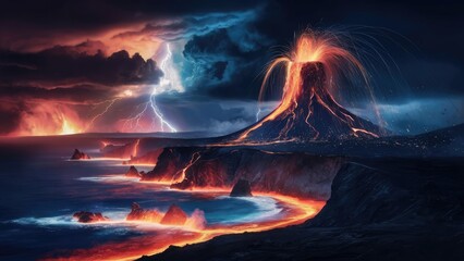 Volcano Erupting with Bright Molten Lava