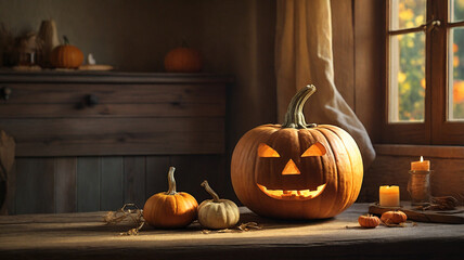 Halloween still life. Jack o lanterns on a rustic wooden table.
