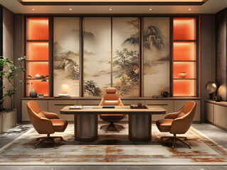 A luxurious office interior featuring a wooden desk, matching leather chairs, and a background of traditional oriental art. 