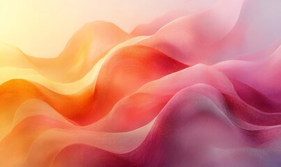 Obraz premium Soft abstract waves background of warm, vibrant colors in shades of orange, pink, and yellow blending seamlessly, with gentle gradients and fluid forms.