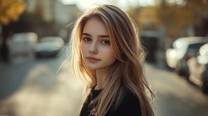 Obraz premium Young Woman Portrait with Golden Sunlight