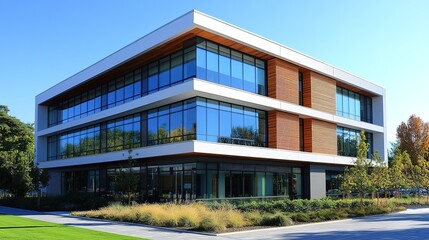 Modern Office Building Facade: Sleek Design with Glass Panels and Contemporary Architectural Elements