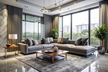 Luxurious modern living room with sleek gray sofa, marble coffee table, and floor-to-ceiling windows, designed using free interior design software, minimalist, bright, airy, and futuristic atmosphere.