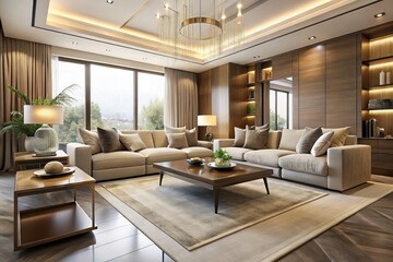 Fototapeta premium Luxurious modern minimalist chic living room with sleek low-profile furniture, abundant natural light, warm beige tones, and subtle textures evoking relaxation and sophistication.