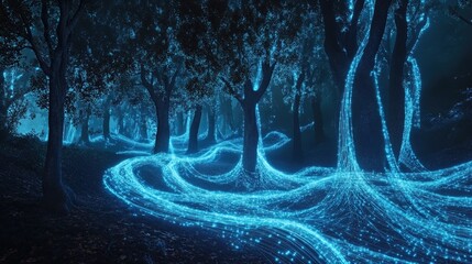 The image depicts a mystical forest scene at night, illuminated by ethereal blue light streams that weave intricately among the trees. The forest is dense with tall, dark trees, and the ground is cove