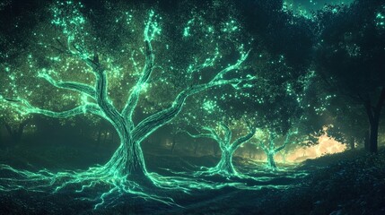 A magical forest scene where ancient trees with glowing, luminescent trunks and branches stand illuminated in the dark. The luminous light emits a cyan hue, highlighting the detail in the bark and lea