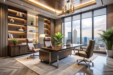 Fototapeta premium Luxurious modern office space with sleek lines, natural light, and sophisticated decor showcasing a successful designer's salary, exuding professionalism, elegance, and prosperity in neutral tones.