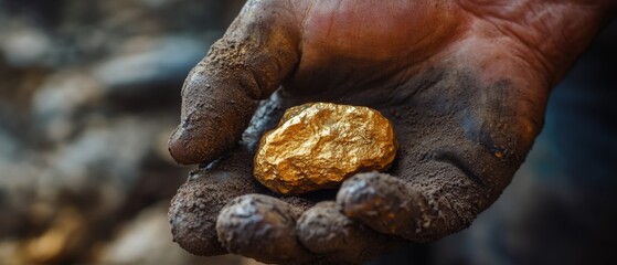 Close-up of a miner's strong hand gripping a golden nugget with textured skin and dirt emphasizing the authenticity and excitement of finding precious gold