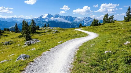 Fototapeta premium Scenic mountain biking trail winding through rugged terrain, outdoor adventure and exploration