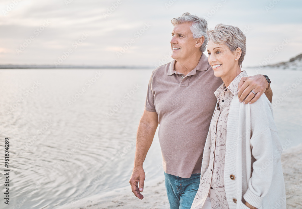 Poster Hug, walking and senior couple by beach to relax on holiday, vacation and romantic weekend together. Marriage, travel and man and woman embrace for affection for bonding, relationship and commitment