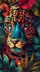 Fototapeta premium Close up portrait of a leopard in amazon jungle, Vertical wallpaper