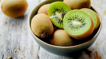 bowl of kiwis with one cut open, placed on a wooden table