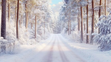 Fototapeta premium A snow-covered road winds through a pine forest, creating a serene winter wonderland scene filled with tranquil beauty.