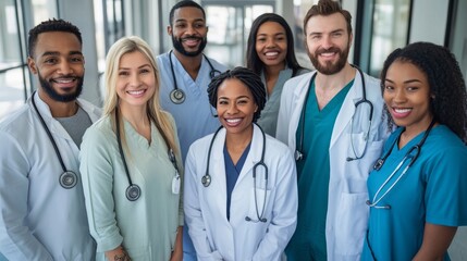 Group of healthcare professionals from different races working together in a hospital setting representing diversity in the medical field