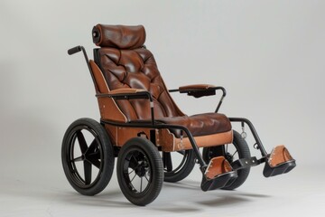 Reclining wheelchair with brown leather upholstery and black metal frame, providing comfort and support
