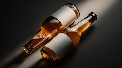 Low angle view of two glass bottles with beer and labels on dark background with back light