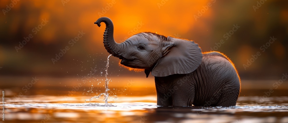 Wall mural  An elephant stands in water, trumpet aloft