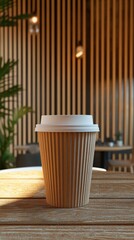 A coffee cup sits on a wooden table in a cozy café with warm lighting