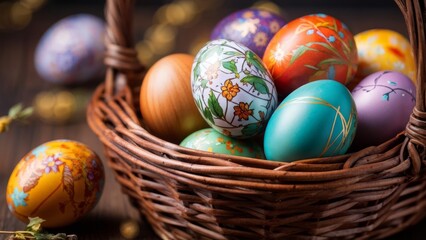 Easter eggs in a basket on a wooden table with a place for text. 