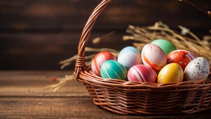 Easter eggs in a basket on a wooden table with a place for text. 