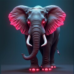 Futuristic painting of a cyborg elephant with metallic elements and neon lights blending nature with technology