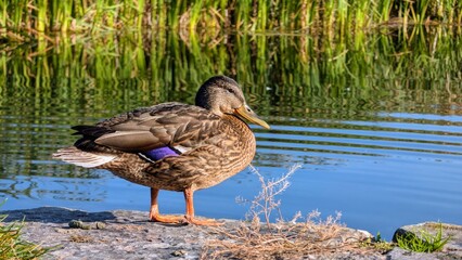 Ducks standing on the pier by the river Corrib, Galway, Ireland, Animals, and wildlife, nature background