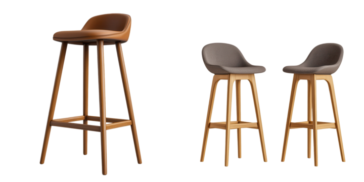 Modern bar stools featuring sleek designs, ideal for contemporary kitchens and stylish dining spaces. isolated on a transparent background
