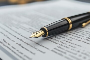 Elegant fountain pen laying on legal document, suggesting the signing of a contract or important paperwork