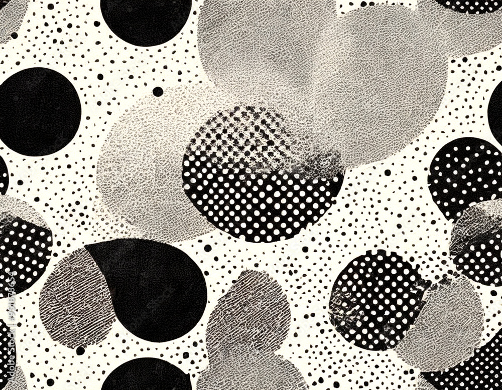 Poster abstract black and white patterns with circles and dots on textured background