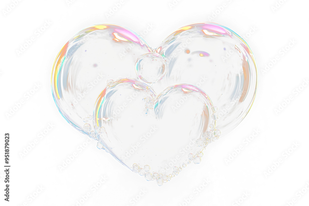 Poster Love Shape soap bubbles isolated on transparent overlay, Floating Soap Bubbles on Clear Background