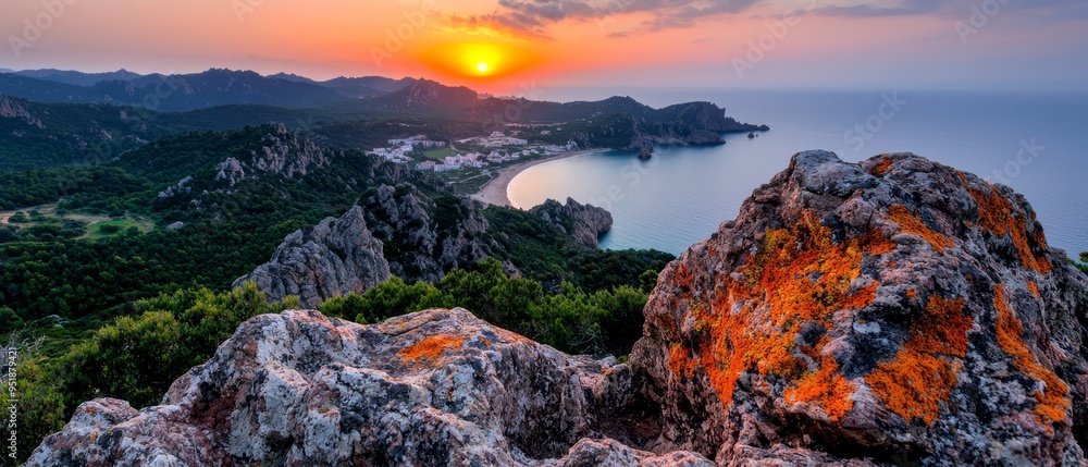 Wall mural  The sun sets over a mountain, a body of water in the foreground reflecting its golden glow, a vast body of water beyond