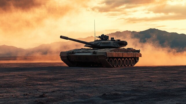 Tank in a Desert at Sunset