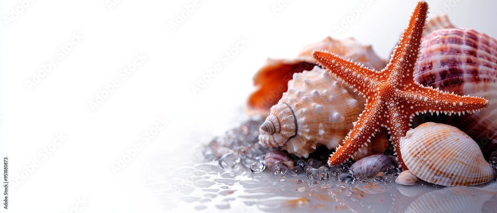 Poster a starfish and seashells, closely captured, against a white backdrop reflection in the water adds de