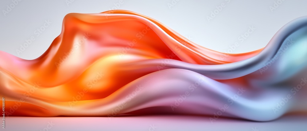 Poster  A 3D image of an orange and blue wave against a white backdrop, featuring a gentle light reflection at the image's bottom