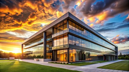 Obraz premium modern architecture sleek lines minimalist façade warm golden light dramatic clouds dusk serene calmness professional care trustworthy atmosphere