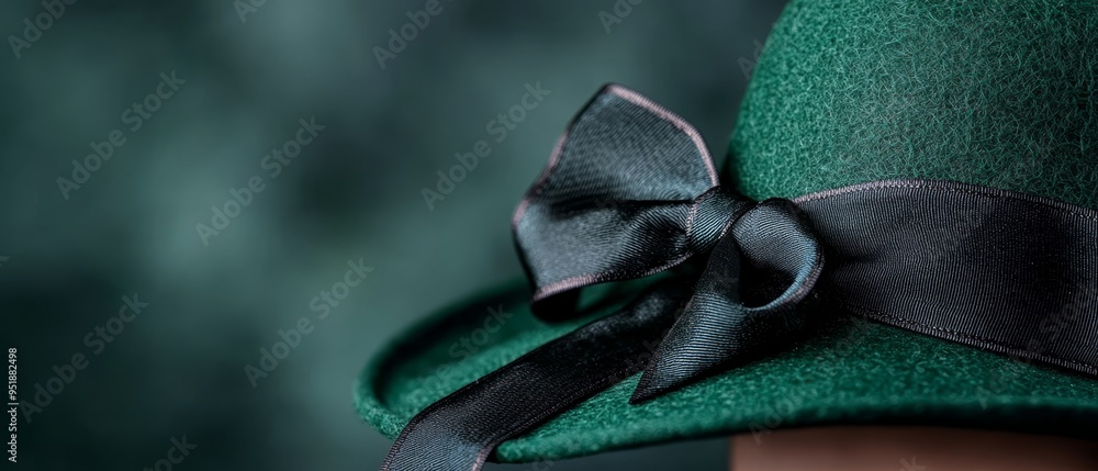 Canvas Prints  A tight shot of someone donning a green hat adorned with a black ribbon and a bow atop it