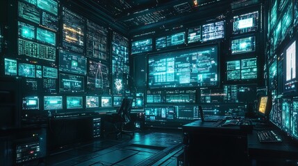 A high-tech control room filled with numerous computer screens and monitors displaying various data, charts, and codes in a futuristic setting. The room is dimly lit, primarily illuminated by the glow