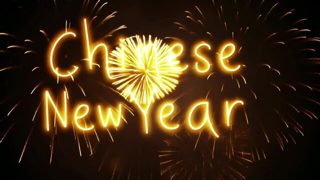 Happy Chinese new year 2025 year of Snake zodiac. Animation celebration golden fireworks text, gold animated text fireworks background
