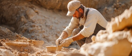 Naklejka premium An archaeologist at a dig site, carefully brushing away dirt from ancient relics, uncovering the secrets of lost civilizations through research