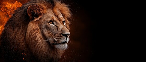  A tight shot of a lion's fierce face against a backdrop of absolute blackness Orangery orange and...