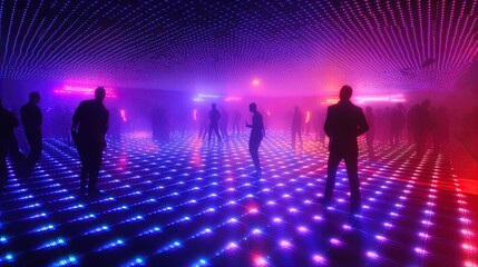 Fototapeta premium A group of silhouetted individuals stand and move around in a dimly lit, atmospheric room. The floor and ceiling are adorned with vibrant LED lights, creating a mesmerizing pattern of blue and purple 