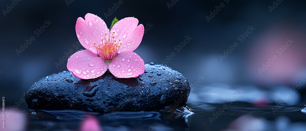 Sticker  A pink bloom atop a black boulder, submerged in water's expanse – droplets adorn it