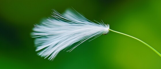 Dandelion flowers float in mid-air against a bright green background. Fine white, feathery fibers spread out from the seeds, creating a parachute-like structure that helps disperse the wind.