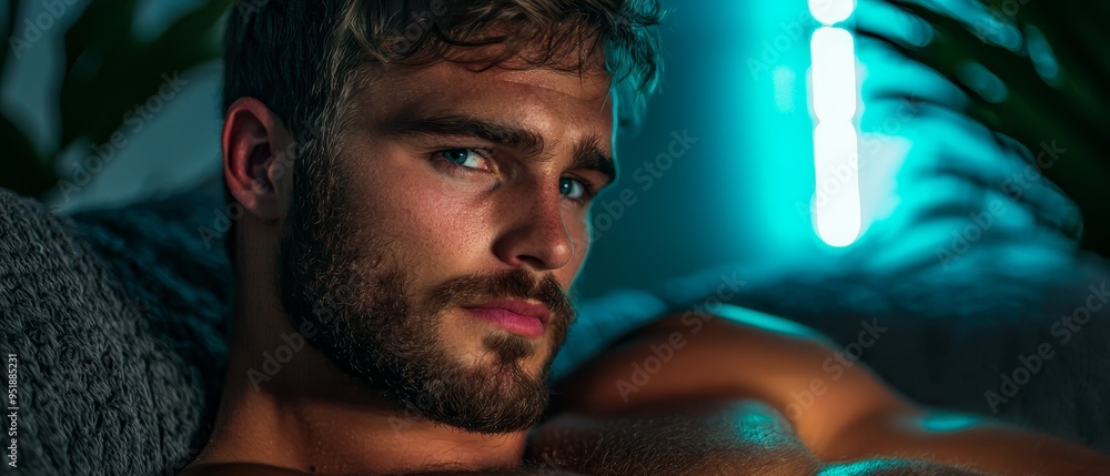 Canvas Prints  A tight shot of a shirtless man reclining on a bed A plant sits in the room's corner