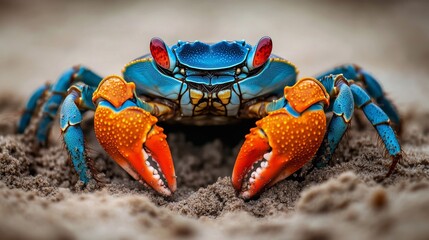 A colorful land crab. Its striking feature is its vibrant blue shell, which gleams with turquoise, contrasting sharply with the bright orange of its claws and powerful legs. Attractive red eyes. 